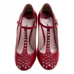 Pre Owned حذاء كعب عالي ميو ميو ماري جين جلد مرصع أحمر مقاس 39