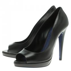 Pre Owned Miu Miu Black Leather Peep Toe Platform Pumps Size 38