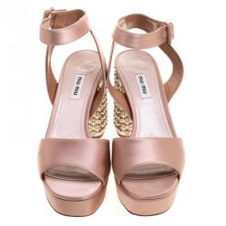 Miu Miu Blush Pink Satin Crystal Embellished Block Heel Ankle Strap Sandals Size 40