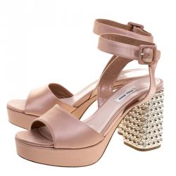 Miu Miu Blush Pink Satin Crystal Embellished Block Heel Ankle Strap Sandals Size 40