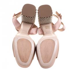 Miu Miu Blush Pink Satin Crystal Embellished Block Heel Ankle Strap Sandals Size 40