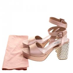 Miu Miu Blush Pink Satin Crystal Embellished Block Heel Ankle Strap Sandals Size 40