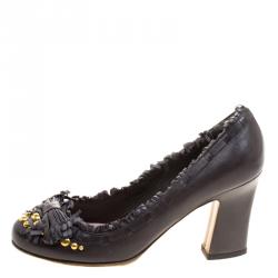 Pre Owned Miu Miu Dark Grey Leather Studded Fringe Bow Detail Pumps Size 38