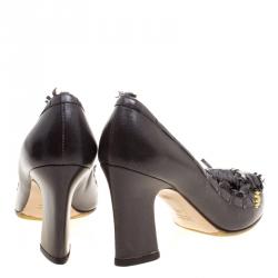Pre Owned Miu Miu Dark Grey Leather Studded Fringe Bow Detail Pumps Size 38