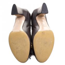 Pre Owned Miu Miu Dark Grey Leather Studded Fringe Bow Detail Pumps Size 38