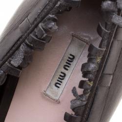 Pre Owned Miu Miu Dark Grey Leather Studded Fringe Bow Detail Pumps Size 38