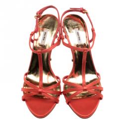 مملوكة مسبقًا صندل ميو ميو شرائط T كعب مزخرف كريستال ساتان برتقالي مقاس 36.5