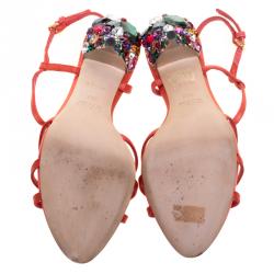 مملوكة مسبقًا صندل ميو ميو شرائط T كعب مزخرف كريستال ساتان برتقالي مقاس 36.5