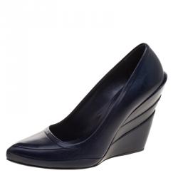 Miu Miu Navy Blue Leather Tiered Wedge Pumps Size 35