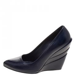 Miu Miu Navy Blue Leather Tiered Wedge Pumps Size 35