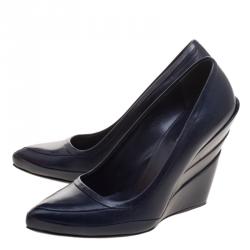 Miu Miu Navy Blue Leather Tiered Wedge Pumps Size 35