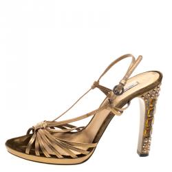 Pre Owned Miu Miu Metallic Bronze Leather Crystal Embellished Heel Strappy Sandals Size 39