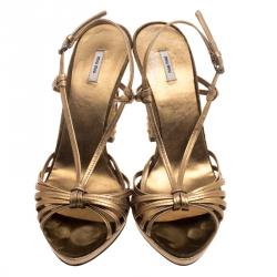 Pre Owned Miu Miu Metallic Bronze Leather Crystal Embellished Heel Strappy Sandals Size 39