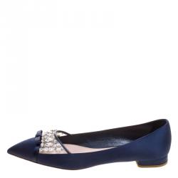 مملوكة مسبقًا Miu Miu Blue Satin Jeweled Pointed Toe Ballet Flats Size 40.5