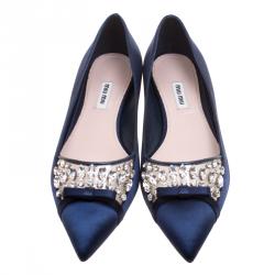ممل وكة مسبقًا Miu Miu Blue Satin Jeweled Pointed Toe Ballet Flats Size 40.5