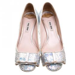 Miu Miu Silver Sequin Bow Pumps Size 38