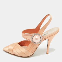 Pre Owned Miu Miu Orange Satin Pearl Crystal Embellished Slingback Pumps Size 36.5
