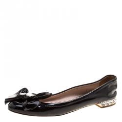 Miu Miu Black Patent Leather Bow Crystal Embellished Ballet Flats Size 36.5