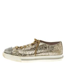 Miu Miu Metallic Gold Glitter Studded Cap Toe Lace Up Sneakers Size 39