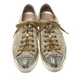 Miu Miu Metallic Gold Glitter Studded Cap Toe Lace Up Sneakers Size 39