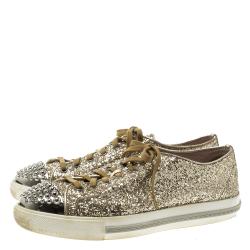 Miu Miu Metallic Gold Glitter Studded Cap Toe Lace Up Sneakers Size 39