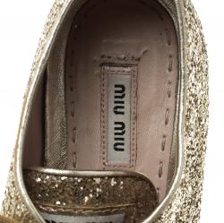 Miu Miu Metallic Gold Glitter Studded Cap Toe Lace Up Sneakers Size 39