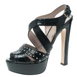 Miu Miu Black Studded Brogue Leather Cross Ankle Strap Platform Sandals Size 37.5