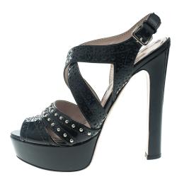 Miu Miu Black Studded Brogue Leather Cross Ankle Strap Platform Sandals Size 37.5
