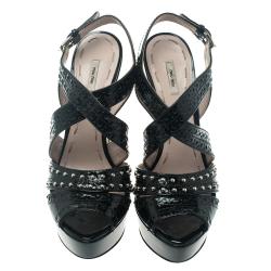 Miu Miu Black Studded Brogue Leather Cross Ankle Strap Platform Sandals Size 37.5