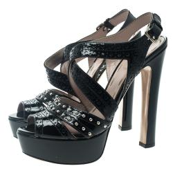 Miu Miu Black Studded Brogue Leather Cross Ankle Strap Platform Sandals Size 37.5