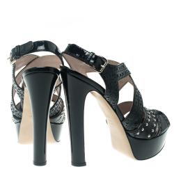 Miu Miu Black Studded Brogue Leather Cross Ankle Strap Platform Sandals Size 37.5