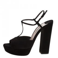 Miu Miu Black Suede T Bar Platform Block Heel Sandals Size 40