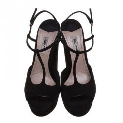 Miu Miu Black Suede T Bar Platform Block Heel Sandals Size 40