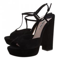Miu Miu Black Suede T Bar Platform Block Heel Sandals Size 40