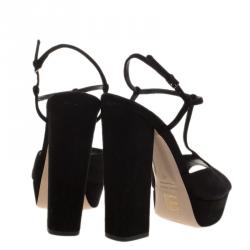 Miu Miu Black Suede T Bar Platform Block Heel Sandals Size 40