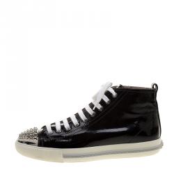 Pre Owned Miu Miu Black Patent Leather Studded Metal Cap Toe High Top Sneakers Size 39