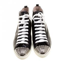 Pre Owned Miu Miu Black Patent Leather Studded Metal Cap Toe High Top Sneakers Size 39
