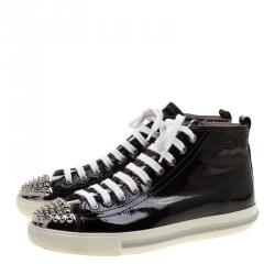 Pre Owned Miu Miu Black Patent Leather Studded Metal Cap Toe High Top Sneakers Size 39