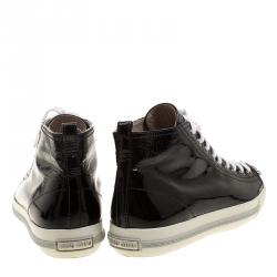 Pre Owned Miu Miu Black Patent Leather Studded Metal Cap Toe High Top Sneakers Size 39