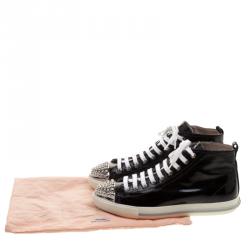 Pre Owned Miu Miu Black Patent Leather Studded Metal Cap Toe High Top Sneakers Size 39