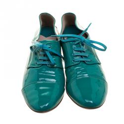 Miu Miu Aquamarine Patent Leather Crystal Heel Lace Up Derby Size 38.5