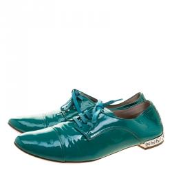 Miu Miu Aquamarine Patent Leather Crystal Heel Lace Up Derby Size 38.5