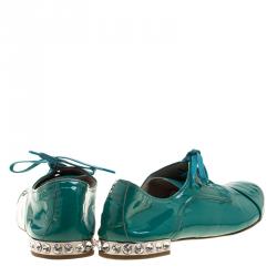Miu Miu Aquamarine Patent Leather Crystal Heel Lace Up Derby Size 38.5