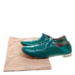Miu Miu Aquamarine Patent Leather Crystal Heel Lace Up Derby Size 38.5