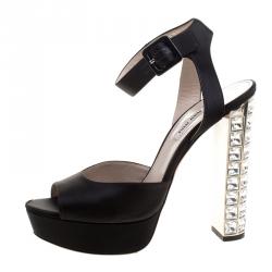 Miu Miu Black Satin Crystal Embellished Block Heel Ankle Strap Sandals Size 40