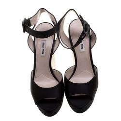 Miu Miu Black Satin Crystal Embellished Block Heel Ankle Strap Sandals Size 40
