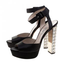Miu Miu Black Satin Crystal Embellished Block Heel Ankle Strap Sandals Size 40