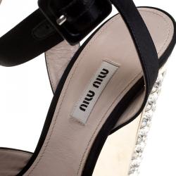 Miu Miu Black Satin Crystal Embellished Block Heel Ankle Strap Sandals Size 40