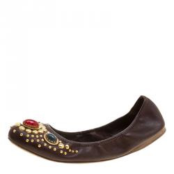 مملوكة مسبقًا Miu Miu Brown Leather Stone Embellished Ballet Flats Size 42