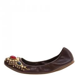 مملوكة مسبقًا Miu Miu Brown Leather Stone Embellished Ballet Flats Size 42